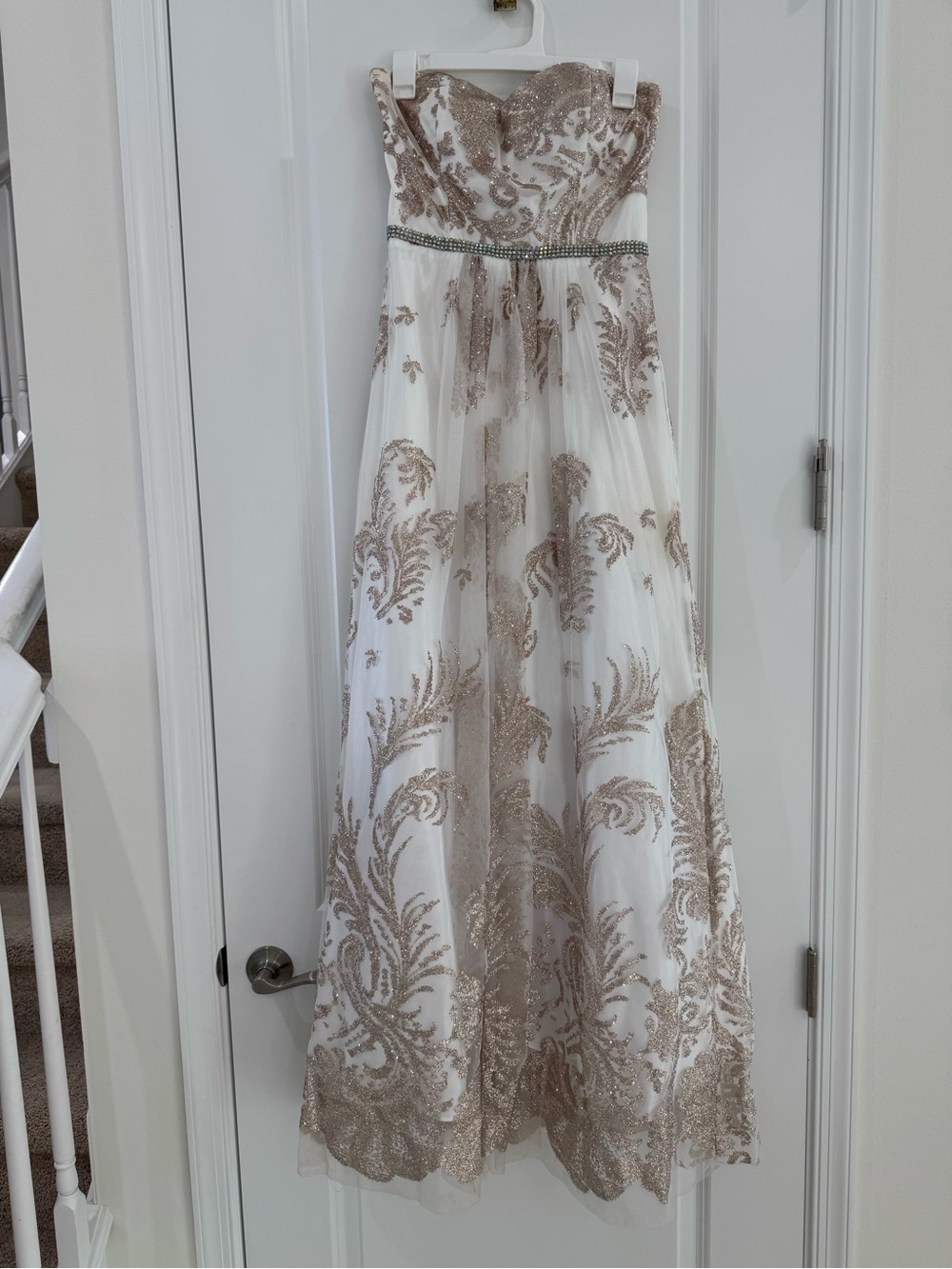 Cache Strapless Satin Dress in Ivory with Gold Glitter Accents